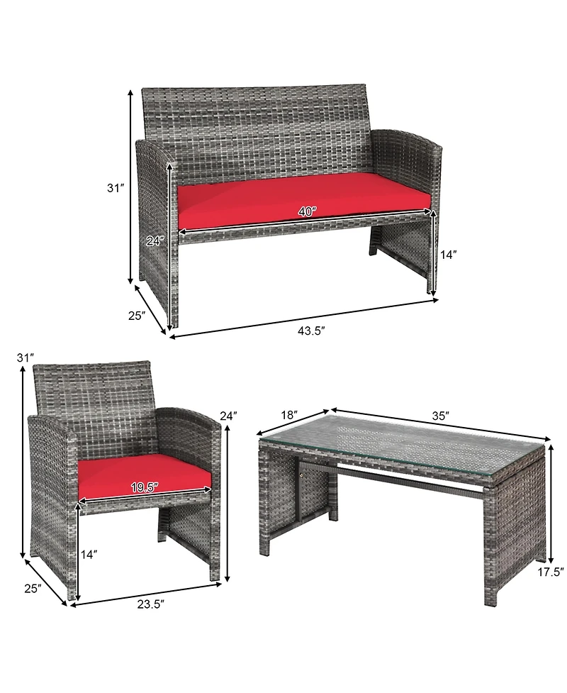 Gymax 4Pieces Patio Outdoor Rattan Conversation Furniture Set