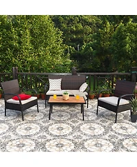 Gymax 4PCS Cushioned Rattan Patio Conversation Set Outdoor Furniture Set