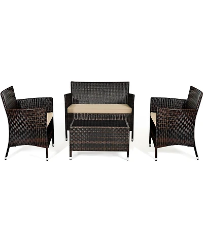 Gymax 4PCS Patio Rattan Conversation Furniture Set Outdoor w/ Cushion