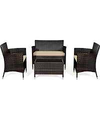 Gymax 4PCS Patio Rattan Conversation Furniture Set Outdoor w/ Cushion