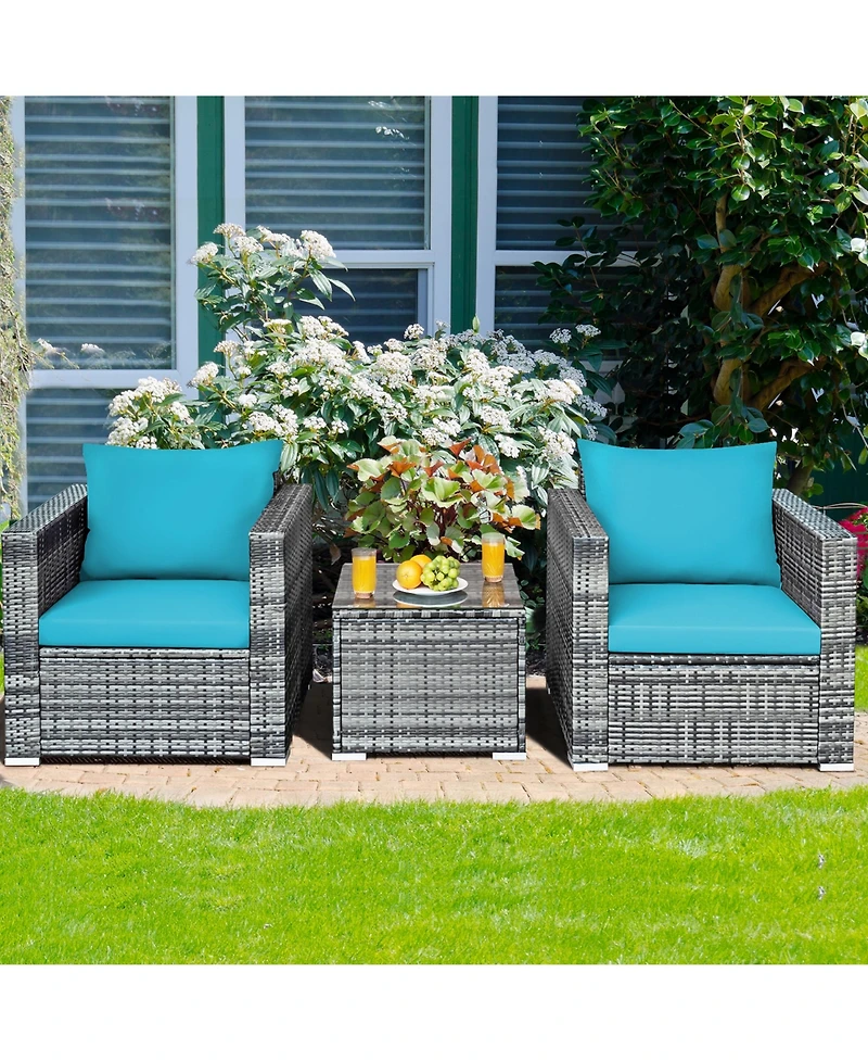 Gymax 3PCS Rattan Patio Conversation Furniture Set Outdoor Yard w/ Cushion