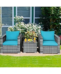 Gymax 3PCS Rattan Patio Conversation Furniture Set Outdoor Yard w/ Cushion