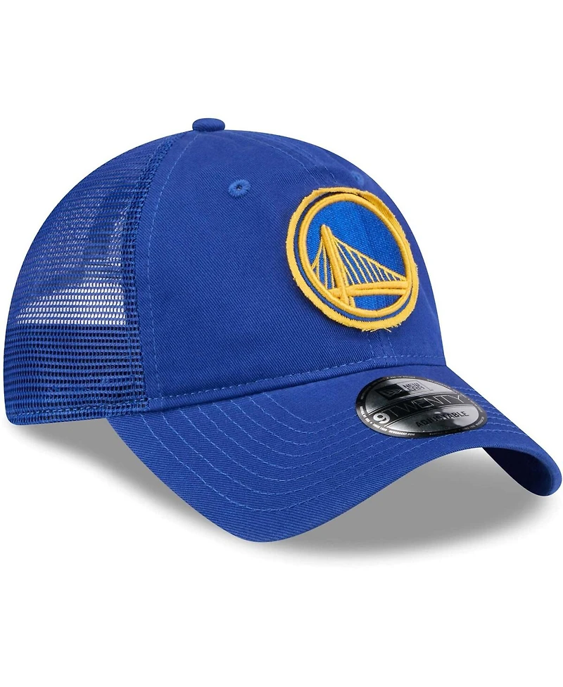 New Era Men's Royal Golden State Warriors Rough Edge Logo Trucker 9TWENTY Adjustable Hat