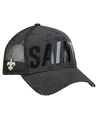 New Era Men's Black New Orleans Saints Midnight Ink Tonal Text A-Frame Trucker 9FORTY Adjustable Hat
