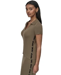 Dkny Jeans Women's V-Neck Side-Logo Rib-Knit Short Sleeve Polo Top