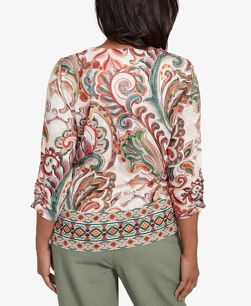 Alfred Dunner Women's Copper Canyon Textured Scroll Border Ruched Sleeves Top