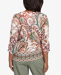 Alfred Dunner Women's Copper Canyon Textured Scroll Border Ruched Sleeves Top