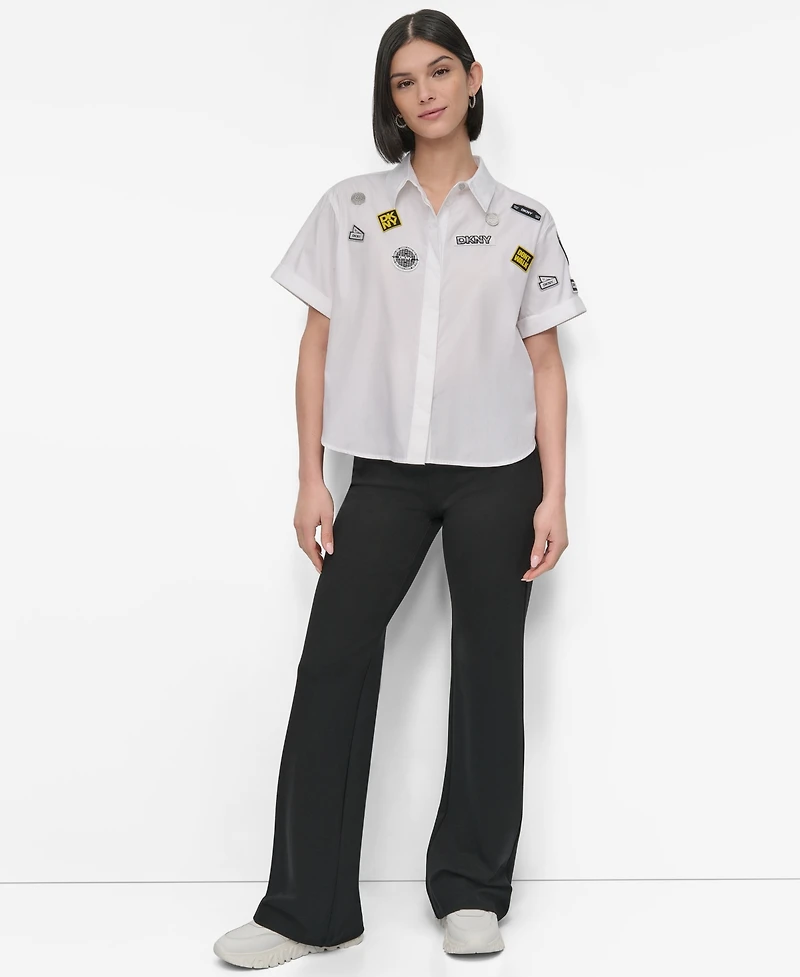 Dkny Women's Cotton Collared Pins & Patch Blouse