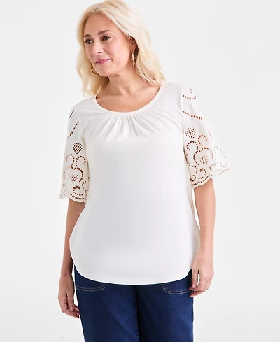Style & Co Petite Eyelet-Sleeve Top, Exclusively at Macy's