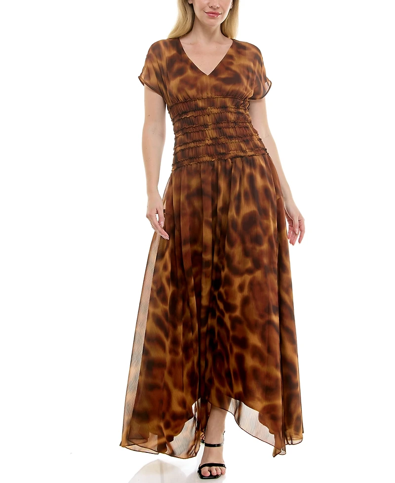 Taylor Women's Printed Chiffon Smocked-Waist Handkerchief Hem Dress