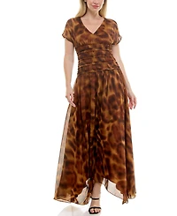 Taylor Women's Printed Chiffon Smocked-Waist Handkerchief Hem Dress