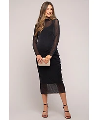 Pinkblush Maternity Black Shimmer Mesh Long Sleeve Ruched Midi Dress