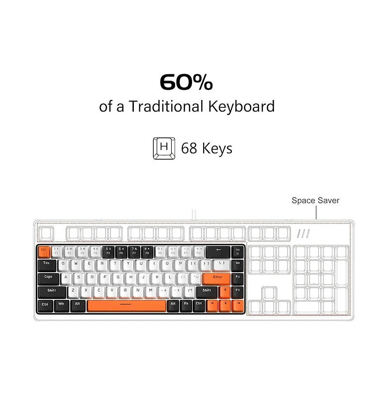 Compact 60% Mechanical Gaming Keyboard with 68 keys, red switches, Led backlight, and wired connection—perfect for Windows Mac, and laptops