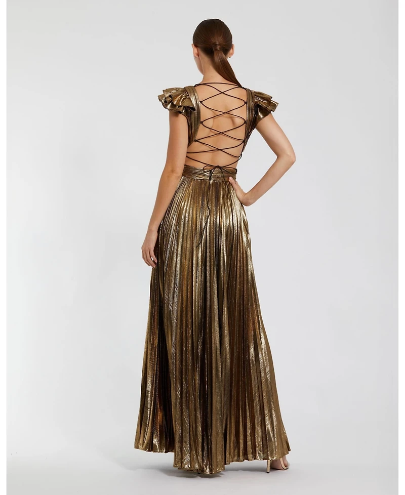Mac Duggal Women's Ruffle Sleeve Cutout Pleated Metallic Gown