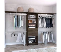 Zamora 69"W - 118"W Closet System with Four Hanging Rods, Three Drawers, and Five Shelves, Dark Walnut