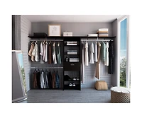 Zamora 70"W - 118"W Closet System, Three Hanging Rods, Five Shelves, One Drawer, Black
