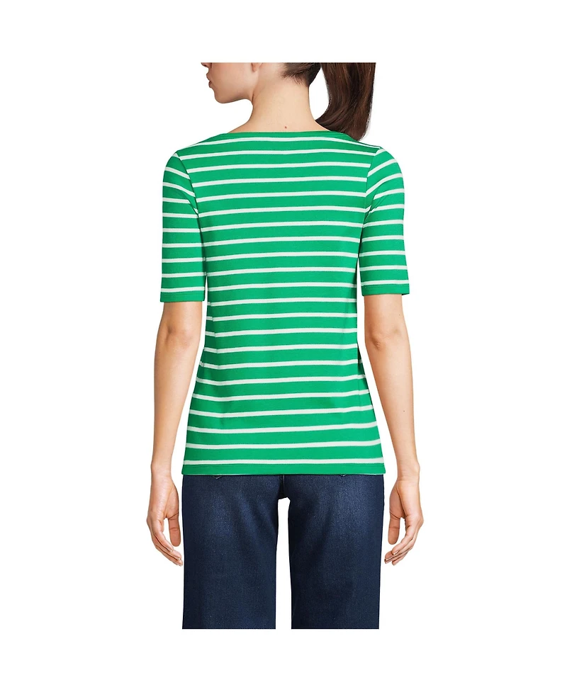 Lands' End Women's Tall Supima Cotton Elbow Sleeve Boatneck Button Shoulder Tee