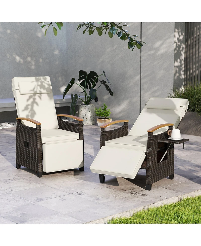 Gymax 2PCS Patio Rattan Lounge Chair Pe Wicker Recliner w/ Adjustable Backrest & Footrest