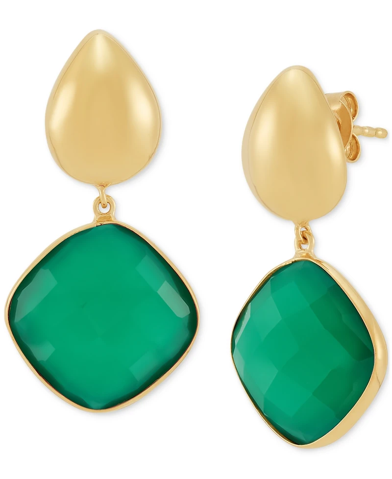Green Onyx Square Drop Earrings 24k Gold-Plated Sterling Silver (Also Black Onyx)