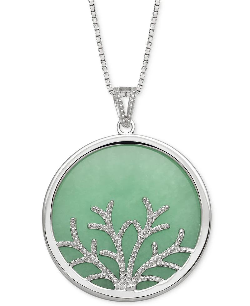 Dyed Green Jade Round Disc Tree 18" Pendant Necklace in Sterling Silver