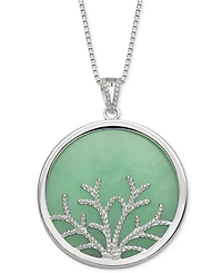 Dyed Green Jade Round Disc Tree 18" Pendant Necklace in Sterling Silver
