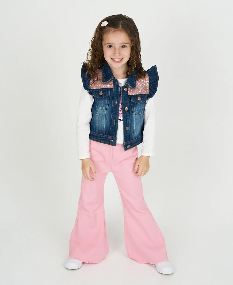 Rare Editions Little Girls 3-Piece Cake Printed T-Shirt, Demin Vest and Flared Twill Pants Set