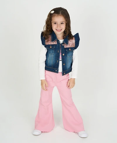 Rare Editions Little Girls 3-Piece Cake Printed T-Shirt, Demin Vest and Flared Twill Pants Set