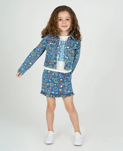 Rare Editions Little Girls 3-Piece Smiley Denim Jacket, Ruffle hem Skort, Crewneck T-Shirt Set