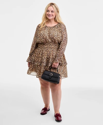 On 34th Trendy Plus Leopard-Print Smocked-Waist Long-Sleeve Dress, Macy's Exclusive