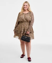 On 34th Trendy Plus Leopard-Print Smocked-Waist Long-Sleeve Dress, Macy's Exclusive