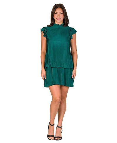 24seven Comfort Apparel Petite Ruffle Cap Sleeve Pleated Tiered Mini Dress