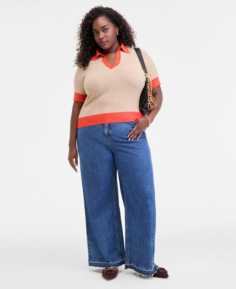 On 34th Trendy Plus Collared Contrast-Trim Sweater, Macy's Exclusive