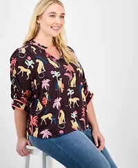 Democracy Trendy Plus Printed Elbow-Sleeve Split-Neck Top