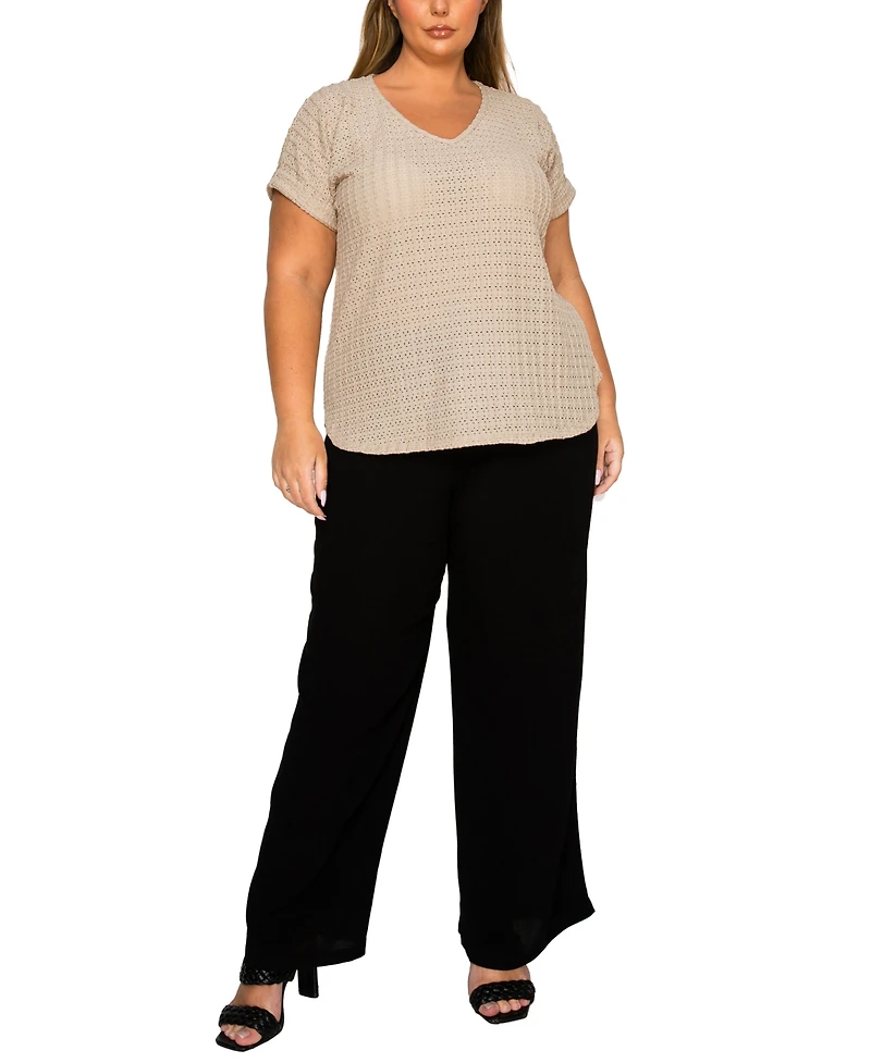 Coin 1804 Plus Size Eyelet Jersey V Neck Rolled Sleeve Top