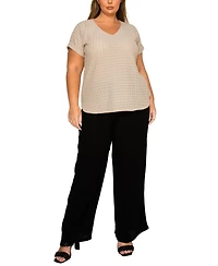 Coin 1804 Plus Size Eyelet Jersey V Neck Rolled Sleeve Top
