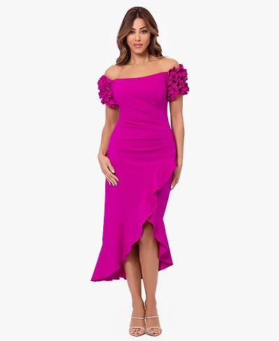 Xscape Petite Off-the-Shoulder Ruffle-Sleeve Midi Dress