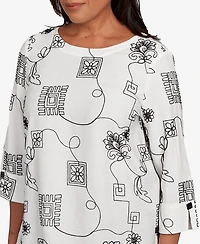 Alfred Dunner Women's Santa Barbara Geometric Floral Soutache Embroidered Top
