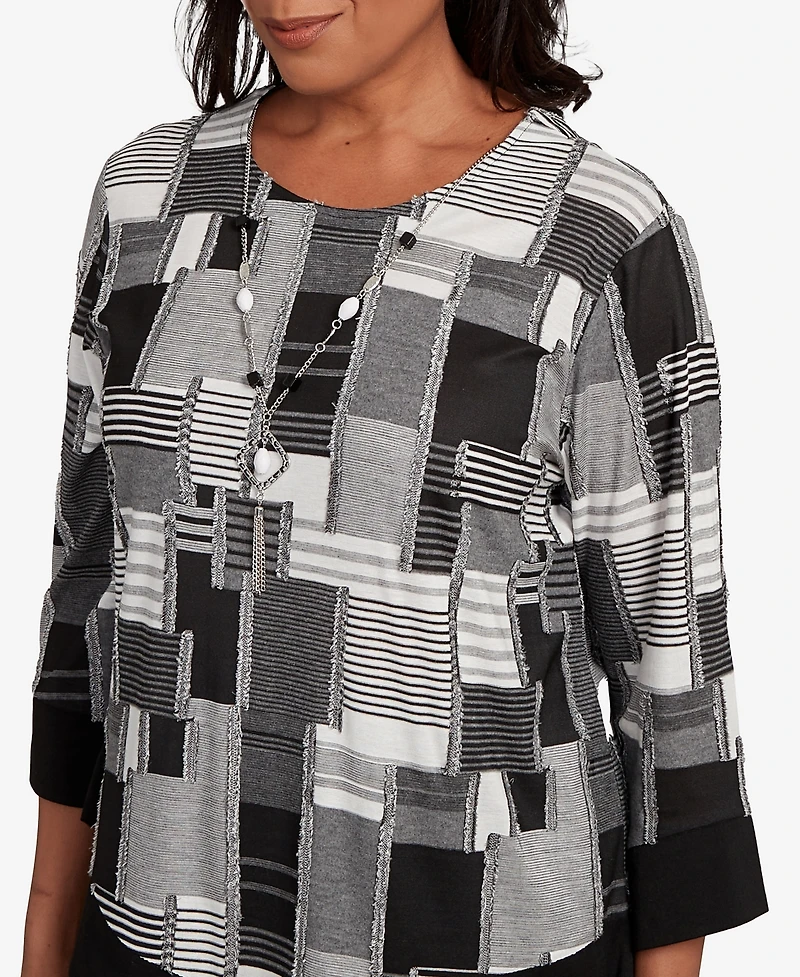 Alfred Dunner Women's Santa Barbara Patchwork Solid Black Trim Crew Neck Top