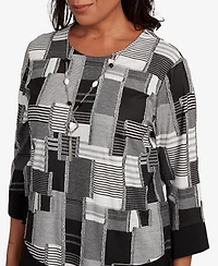 Alfred Dunner Women's Santa Barbara Patchwork Solid Black Trim Crew Neck Top