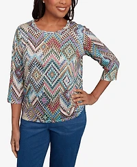 Alfred Dunner Women's El Paso Ikat Diamond Detailed Neckline Top