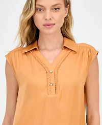 T Tahari Women's Solid Collared Cap-Sleeve V-Neck Blouse