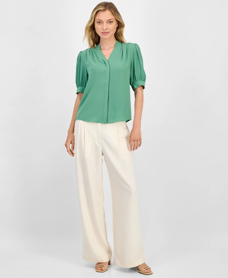 T Tahari Women's Split-Neck Covered-Placket Woven Top