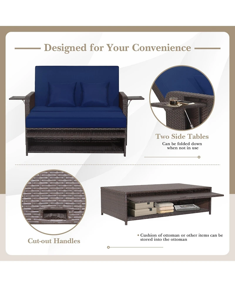 Gymax Rattan Loveseat Set Daybed Lounge w/ Storage Ottoman Side Tables Adjust Patio