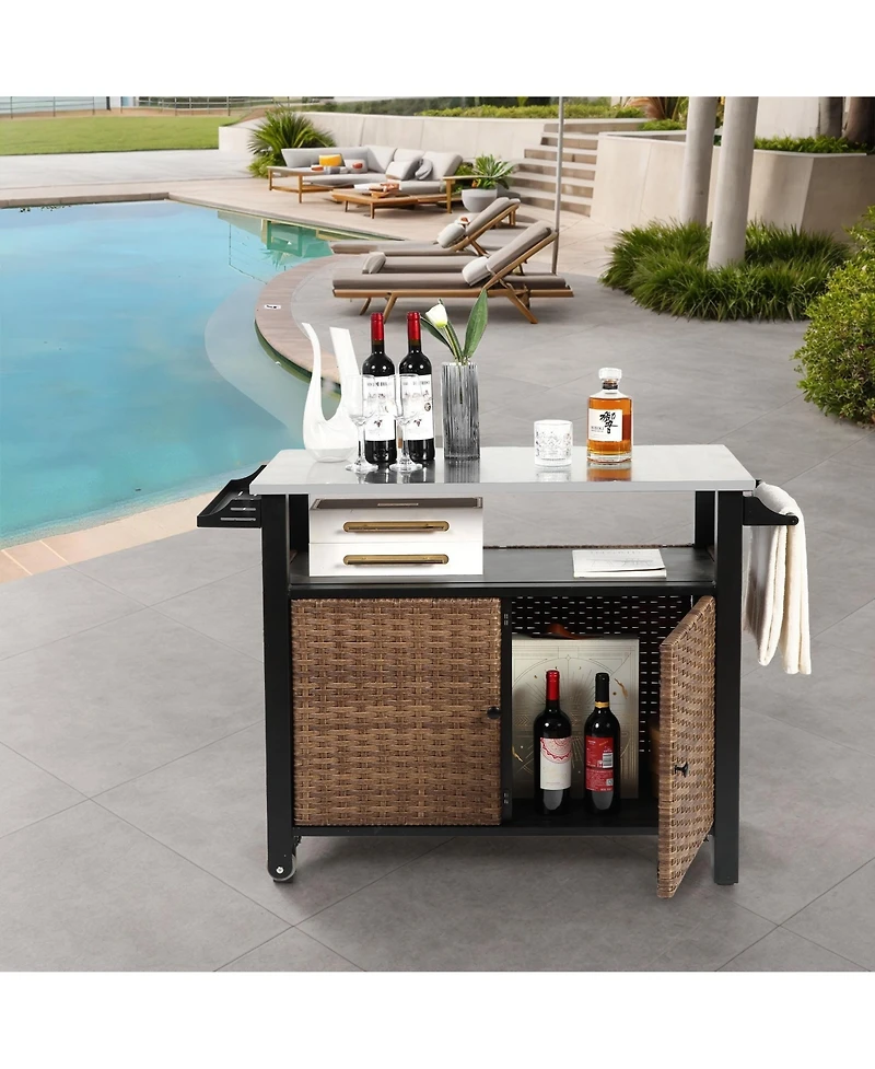 Mondawe Wicker Rolling Kitchen Cart with Stainless Top