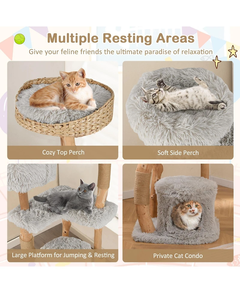 Solid Wood Cat Tower with Top Cattail Basket Cat Bed