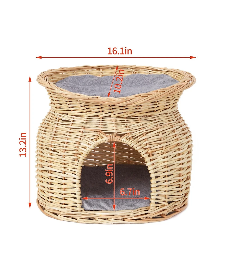 Bingopaw 2-Tier Elevated Cat Bed Wicker Ratten Cat Basket Play House W/ Soft Cushion