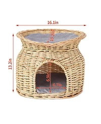 Bingopaw 2-Tier Elevated Cat Bed Wicker Ratten Cat Basket Play House W/ Soft Cushion