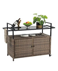 Mondawe Rattan Bar Cart with Glass Top & Wheels, Black