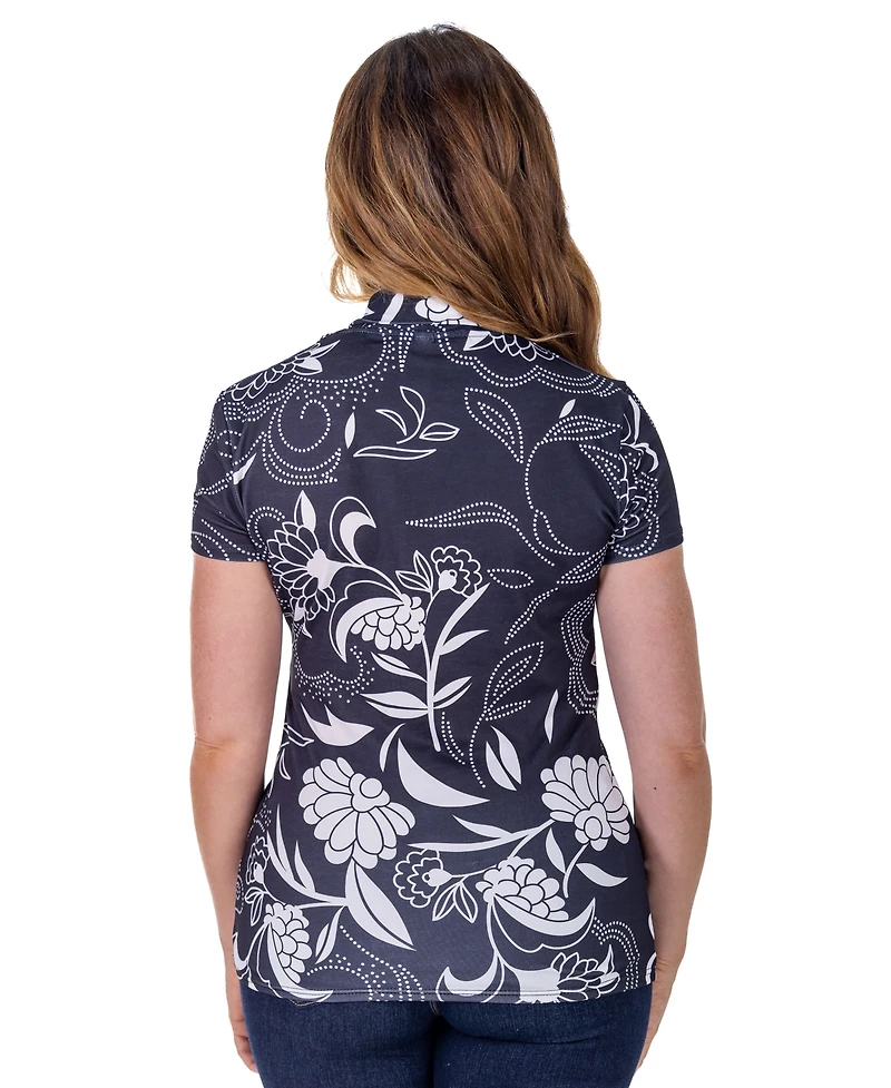 24seven Comfort Apparel Petite Black and White Short Sleeve V-Neck Wrap Top