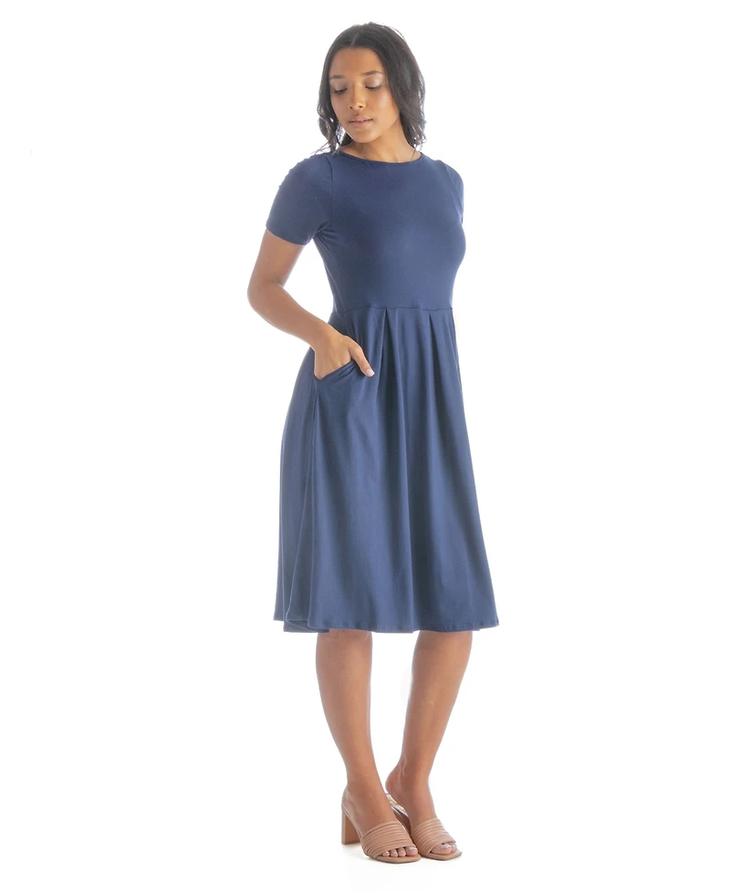 24seven Comfort Apparel Petite Midi Dress with Short Sleeves and Pocket Detail